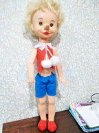 Vintage Soviet doll Buratino, 55 cm Pinocchio with long nose and red felt vest