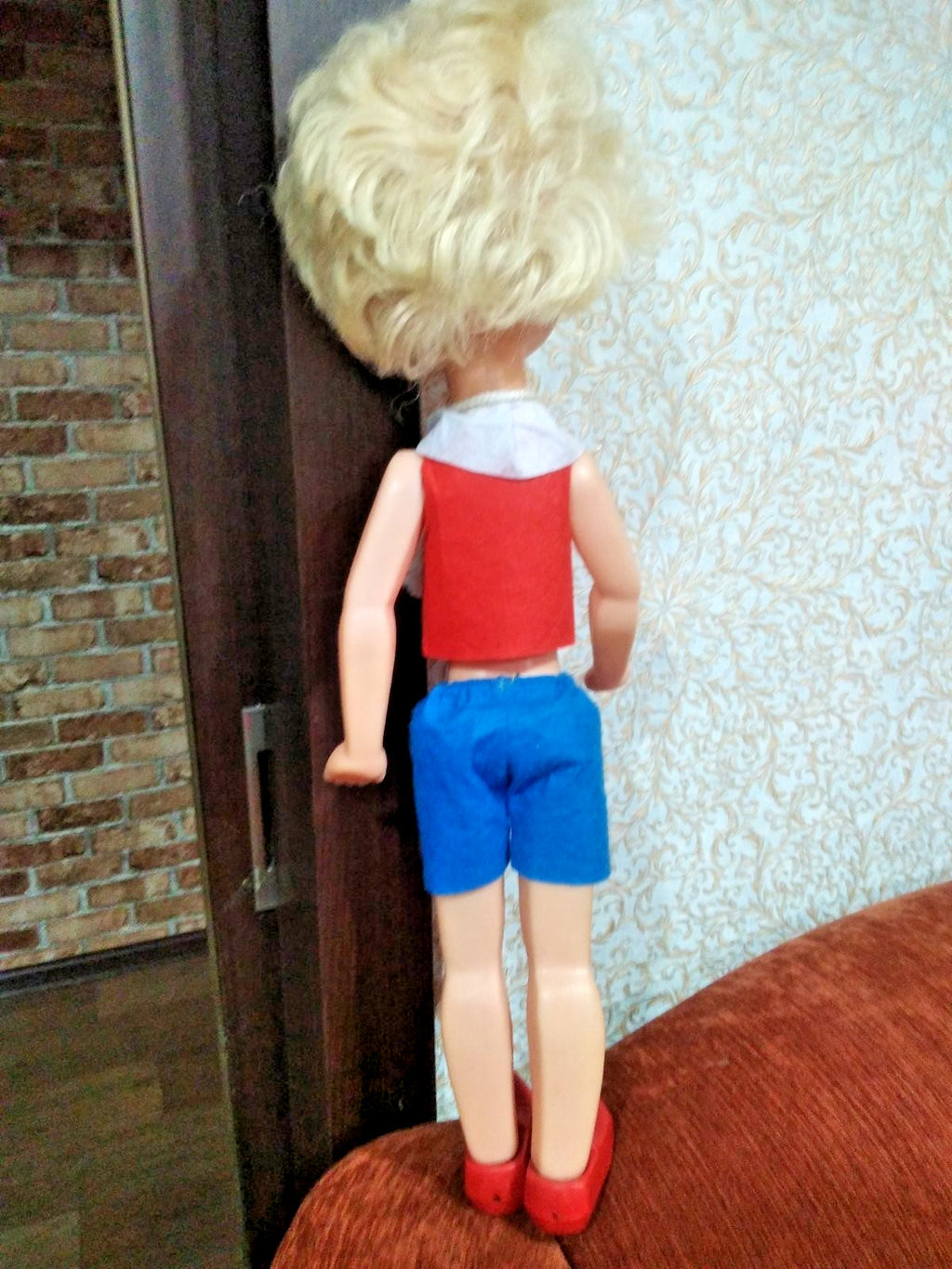 Soviet Pinocchio doll in blue shorts and red molded plastic shoes