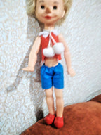 Soviet Pinocchio doll in blue shorts and red molded plastic shoes – detail 6
