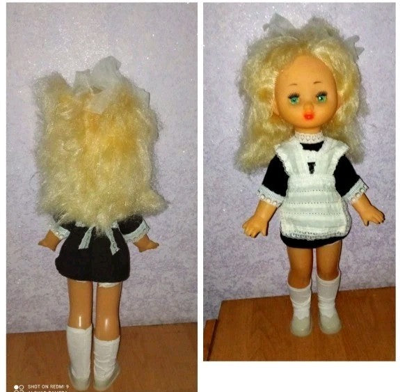Soviet school uniform doll in classic dark dress with white lace apron