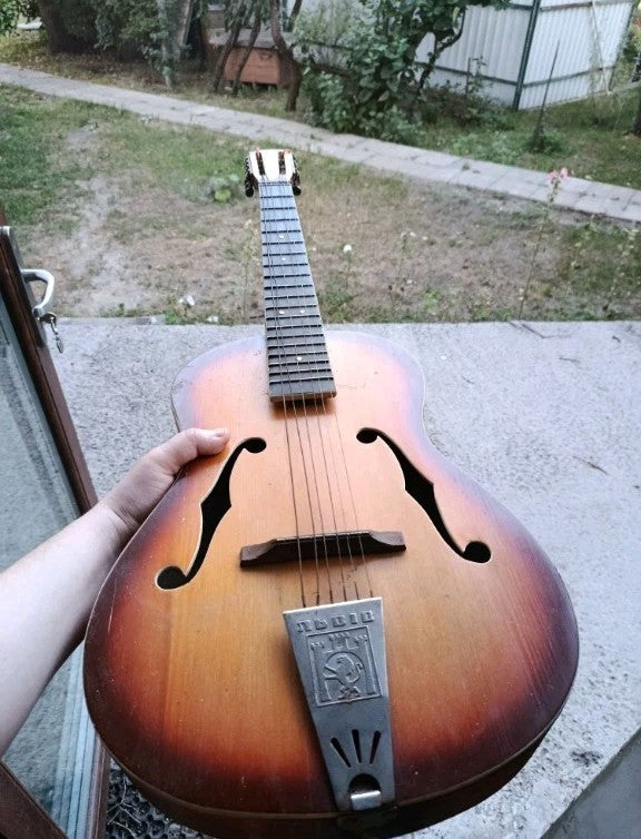 Vintage Soviet guitar, Lviv Trembita 7-string archtop with sunburst top and F-holes