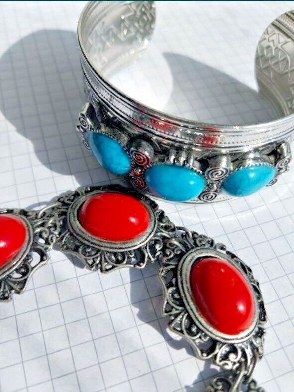 Soviet turquoise-style cuff bracelet and red coral-style bracelet