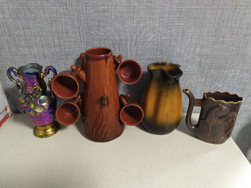 Vintage Soviet majolica lot of 8 with deer mug, tree pitcher set and vases