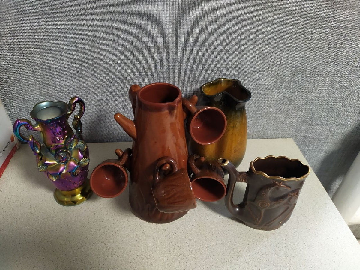 Tree trunk ceramic pitcher with four small cups, Soviet home decor – detail 15