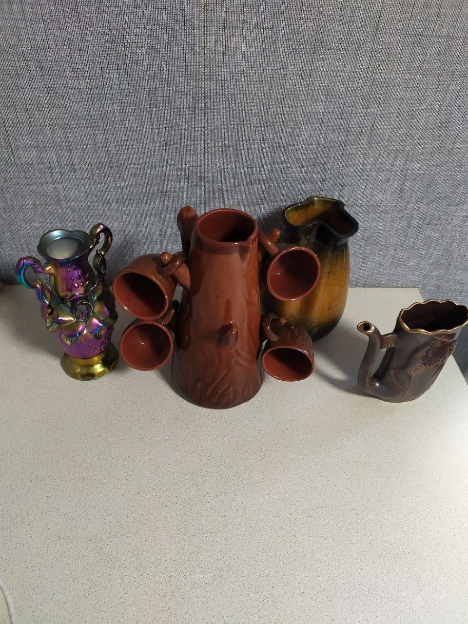 Tree trunk ceramic pitcher with four small cups, Soviet home decor