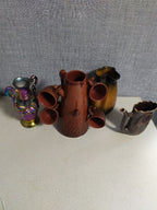 Tree trunk ceramic pitcher with four small cups, Soviet home decor
