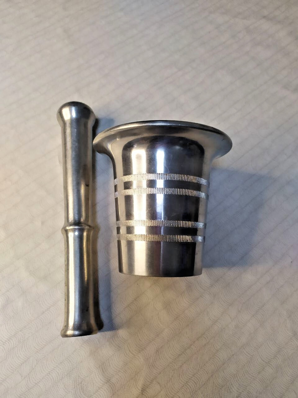 Vintage Soviet mortar and pestle set in heavy silver-tone metal