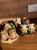 Vintage Soviet salt and pepper shakers, lot of 4 porcelain, ceramic and wooden sets