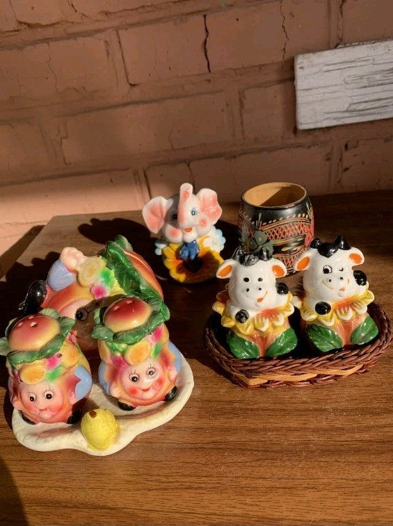 Vintage Soviet salt and pepper shakers, lot of 4 porcelain, ceramic and wooden sets