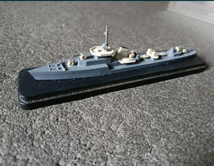 Vintage Soviet ship model of a destroyer warship under a clear display case