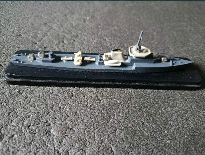Soviet warship model deck detail with gun turrets, radar and lifeboats