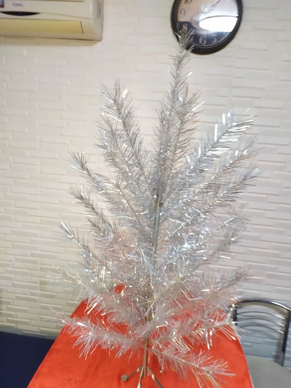 Vintage Soviet silver tinsel Christmas tree 120 cm with folding metal tripod base