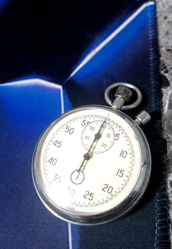 Agat stopwatch made in USSR, close-up of the dial and crown
