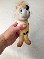 Vintage Soviet toy Wolf from Nu, Pogodi! in yellow sweater and pink scarf