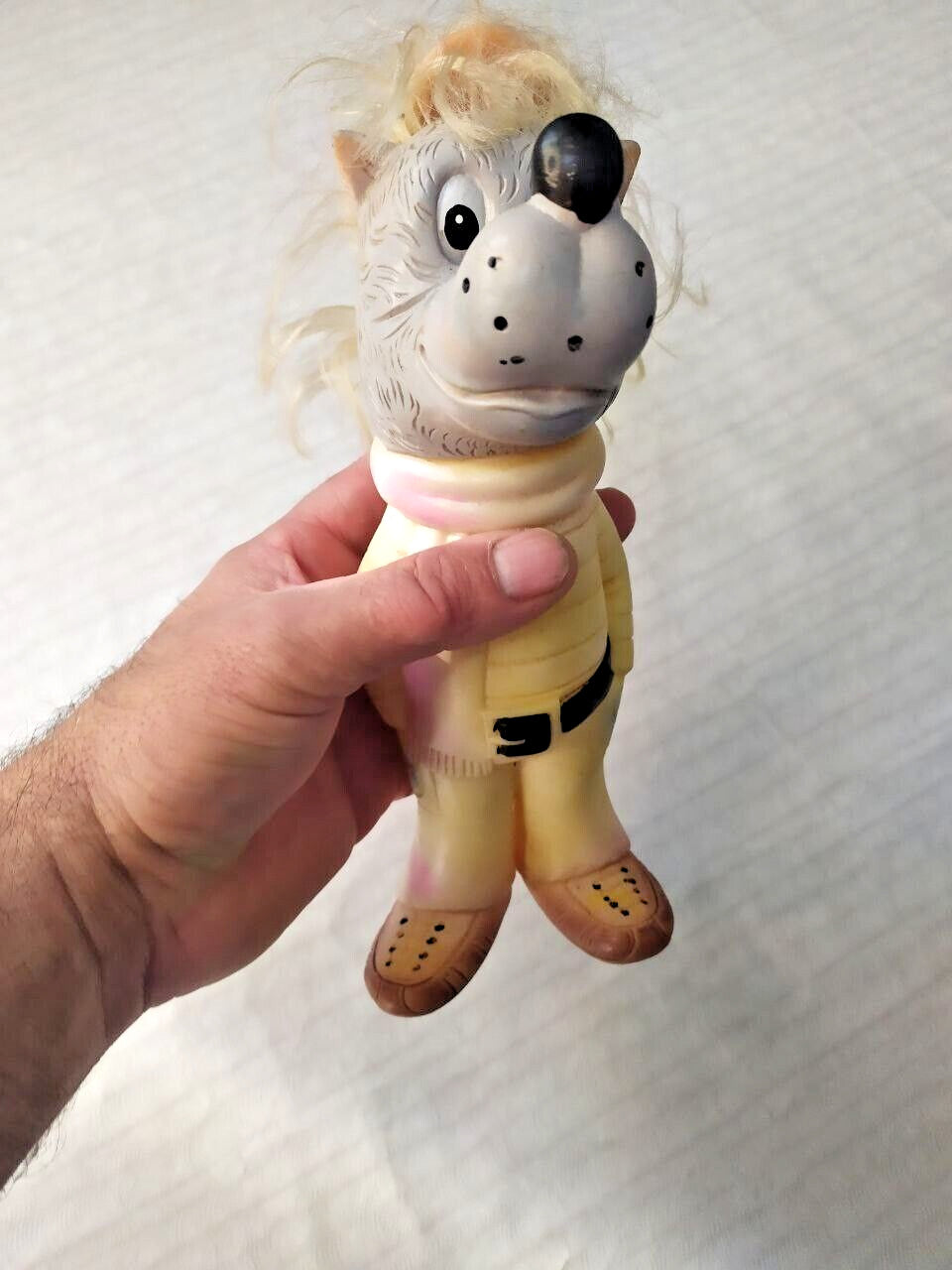 Vintage Soviet toy Wolf from Nu, Pogodi! in yellow sweater and pink scarf