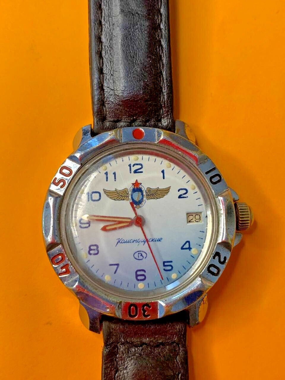 Chrome case with rotating bezel and screw-down crown of a Vostok Komandirskie