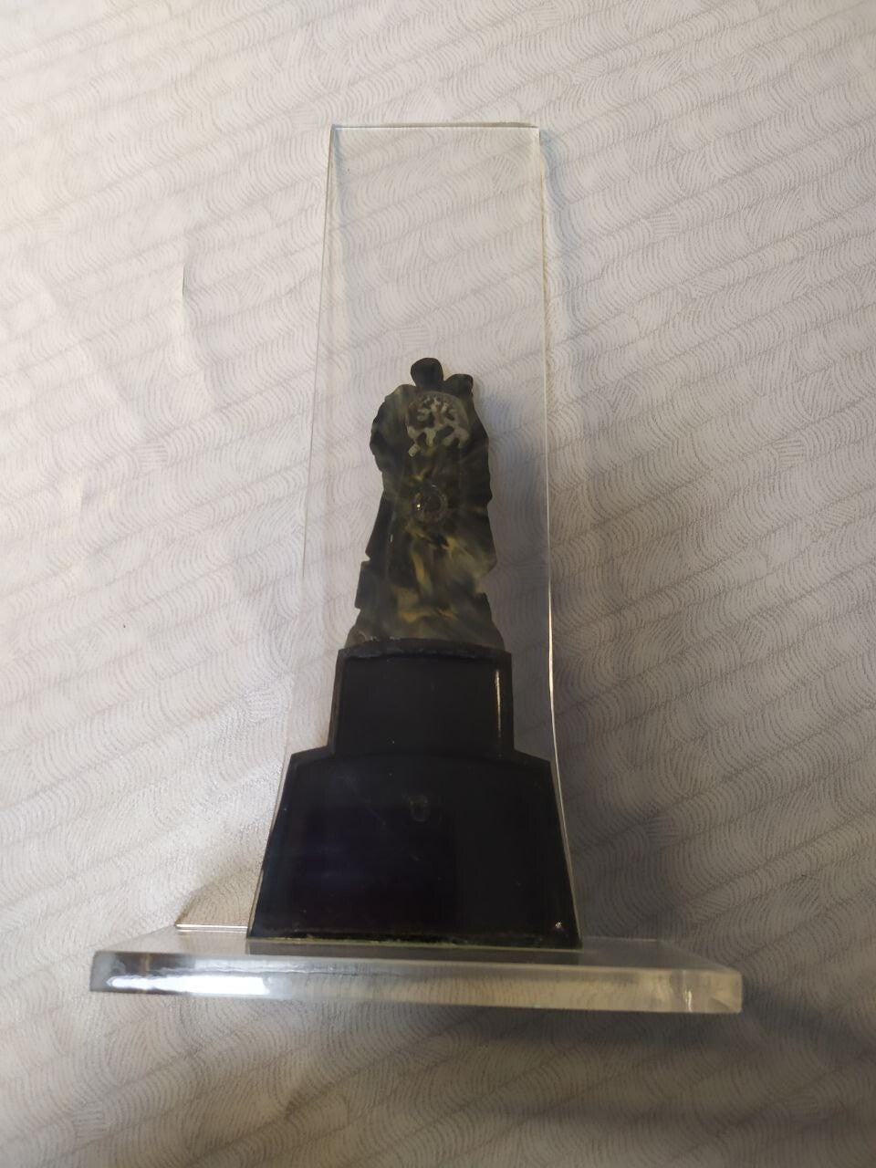 Soviet souvenir statue in transparent plexiglass upright stand on black base – detail 6