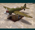 Handmade Yak-3 wooden airplane model, Soviet militaria fighter with red stars on display stand