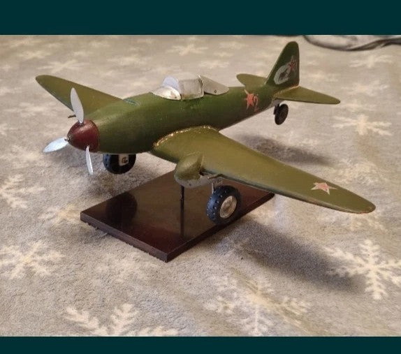 Handmade Yak-3 wooden airplane model, Soviet militaria fighter with red stars on display stand