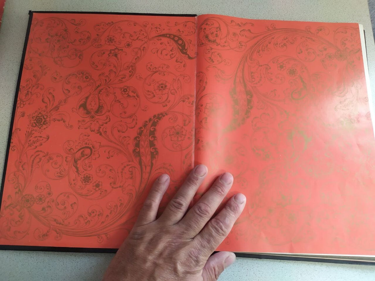 Soviet space memorabilia art album pages with gold lacquer-style colors