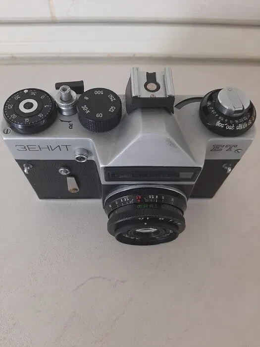 Vintage Zenit ET 35mm SLR camera body, front view with lens
