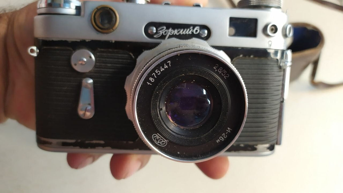 Zorki-6 Soviet camera with Industar-26m 2.8/52 lens and vintage leather case, for parts or repair